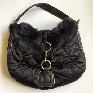 Coach Dark Brown Rabbit Fur Gold Buckle Hand Bag